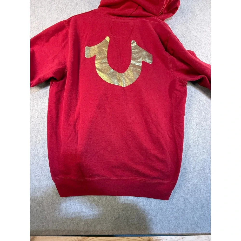 True Religion Mens Red Full Zip Hoodie Gold Horseshoe‎ Logo Sweatshirt 2XL